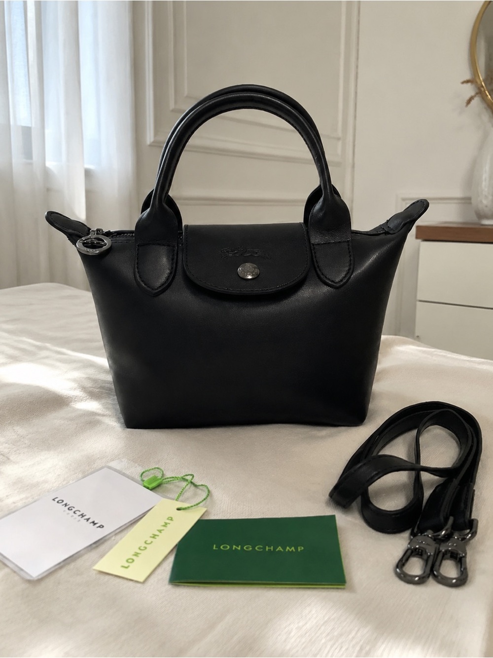 Longchamp Black Crossbody with Neon Green Trim